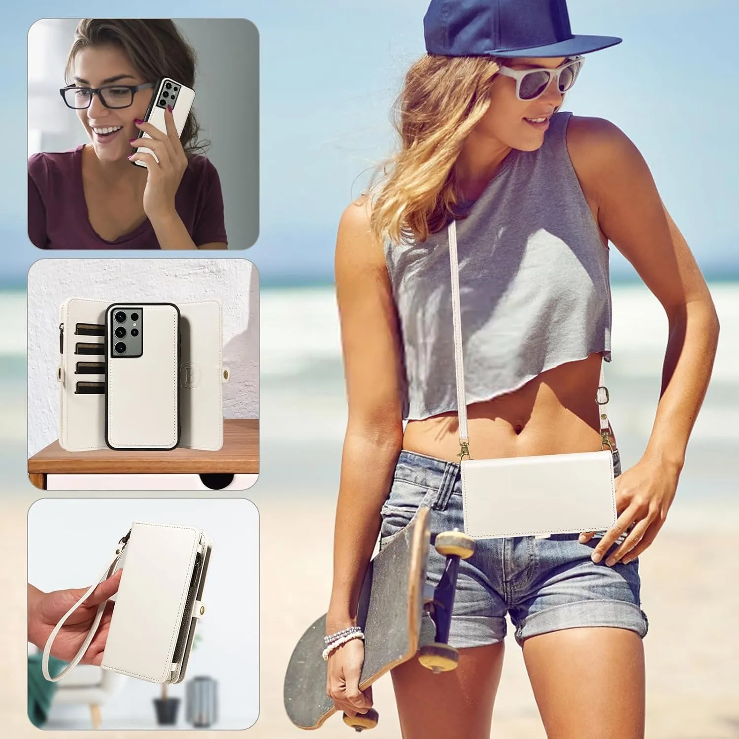 Asuwish Phone Case for Samsung Galaxy S23 Ultra 5G Zipper Wallet Detachable Cover with Screen Protector Crossbody Lanyard Strap Flip Card Holder Slot S23Ultra 23S S 23 23Ultra 6.8 inch White
