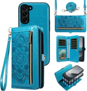 Asuwish Phone Case for Samsung Galaxy Z Fold 6 5G 2024 Zipper Wallet Magnetic Detachable Cell Cover with Crossbody Lanyard Strap Mandala Flower Card Holder ZFold6 Z6 G Fold6 6Z Women Men Girls Blue