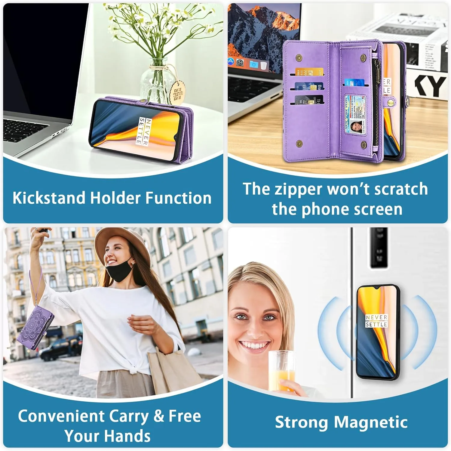 Asuwish Phone Case for Tracfone BLU View 4 B135DL Zipper Wallet Detachable Cell Cover with Tempered Glass Screen Protector Strap Flower Card Holder Slot BLUE View 2 2023 View4 135DL Women Girls Purple