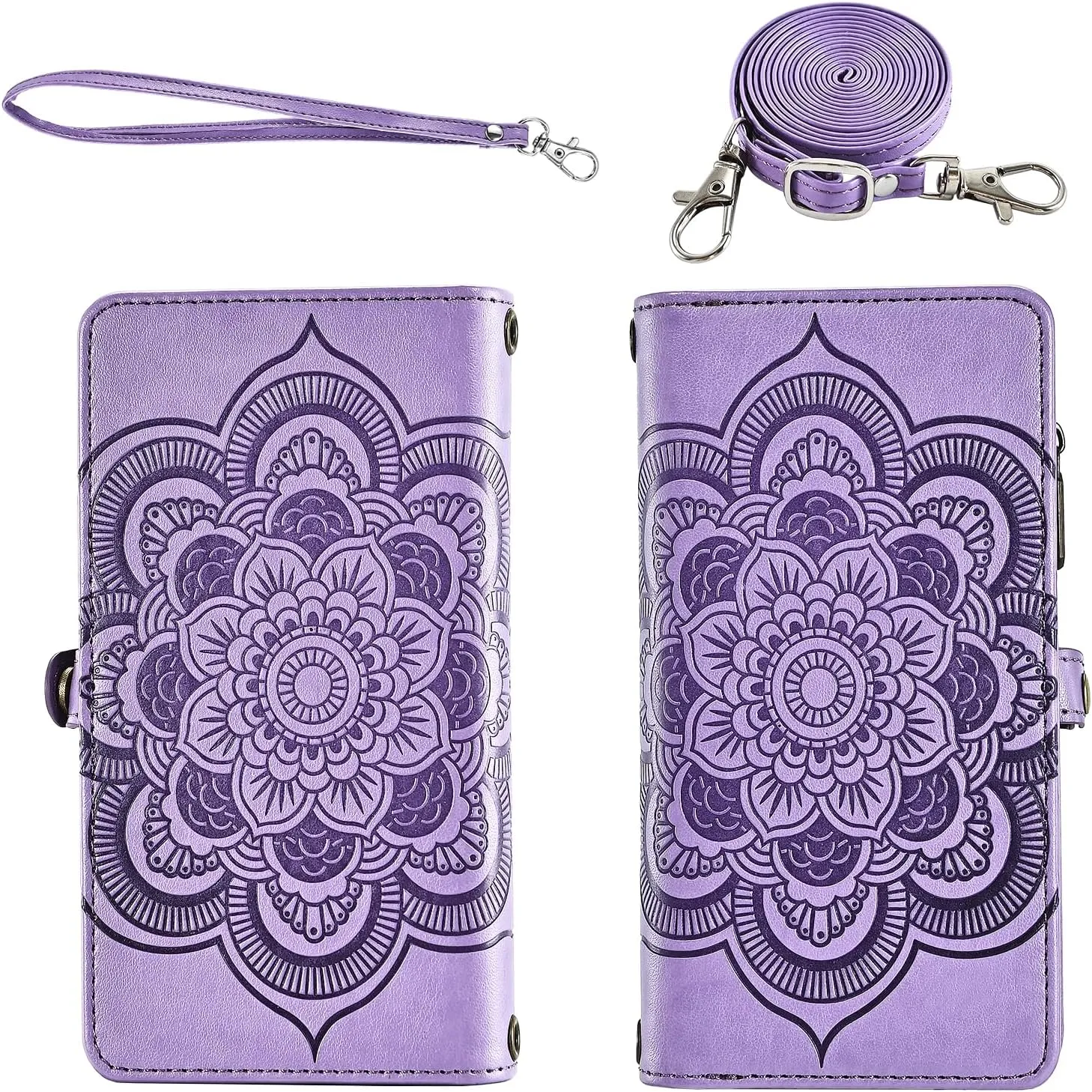 Asuwish Phone Case for Tracfone BLU View 4 B135DL Zipper Wallet Detachable Cell Cover with Tempered Glass Screen Protector Strap Flower Card Holder Slot BLUE View 2 2023 View4 135DL Women Girls Purple