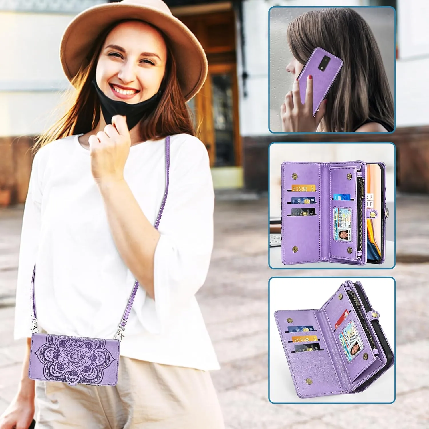 Asuwish Phone Case for Tracfone BLU View 4 B135DL Zipper Wallet Detachable Cell Cover with Tempered Glass Screen Protector Strap Flower Card Holder Slot BLUE View 2 2023 View4 135DL Women Girls Purple