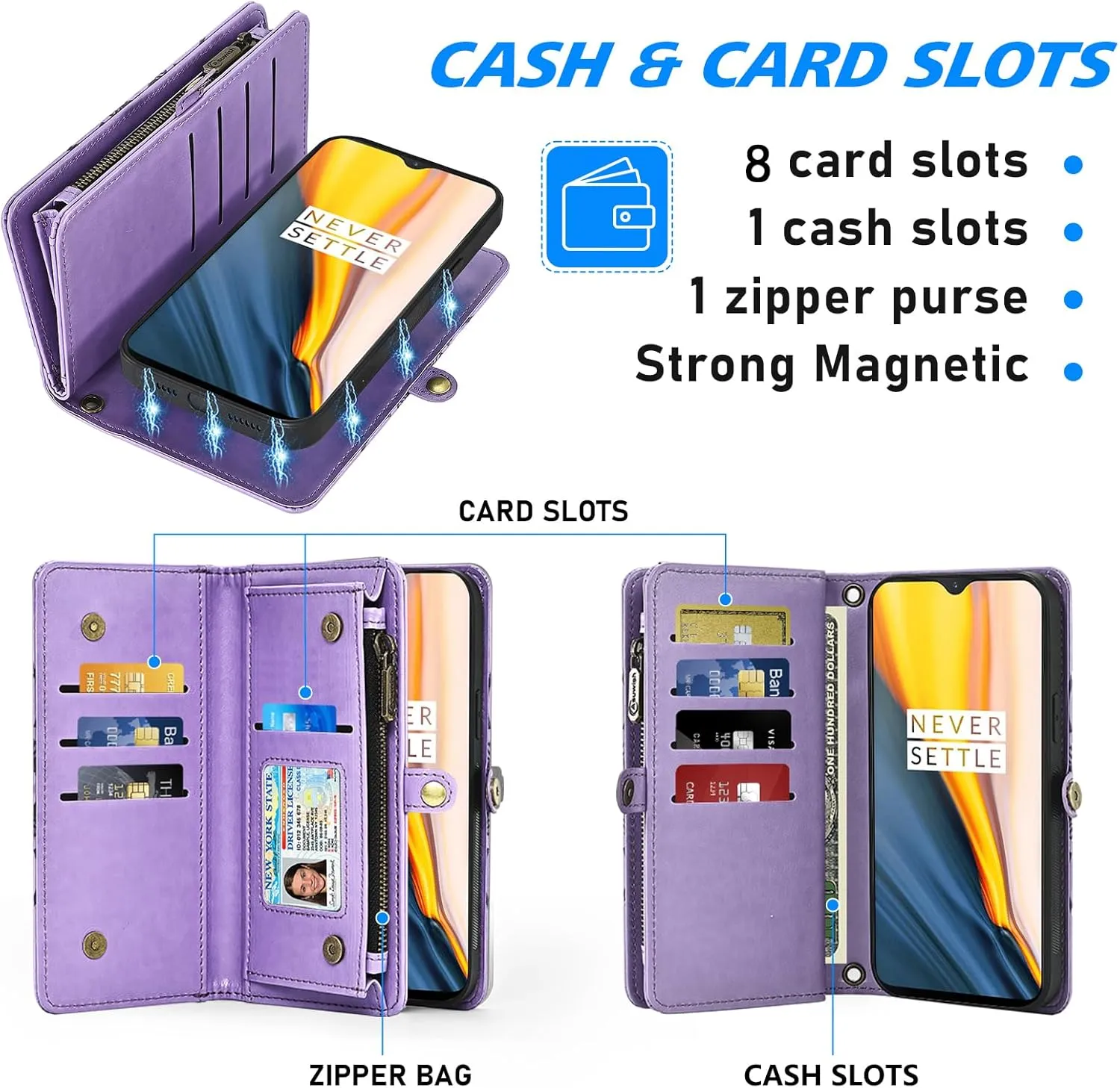 Asuwish Phone Case for Tracfone BLU View 4 B135DL Zipper Wallet Detachable Cell Cover with Tempered Glass Screen Protector Strap Flower Card Holder Slot BLUE View 2 2023 View4 135DL Women Girls Purple