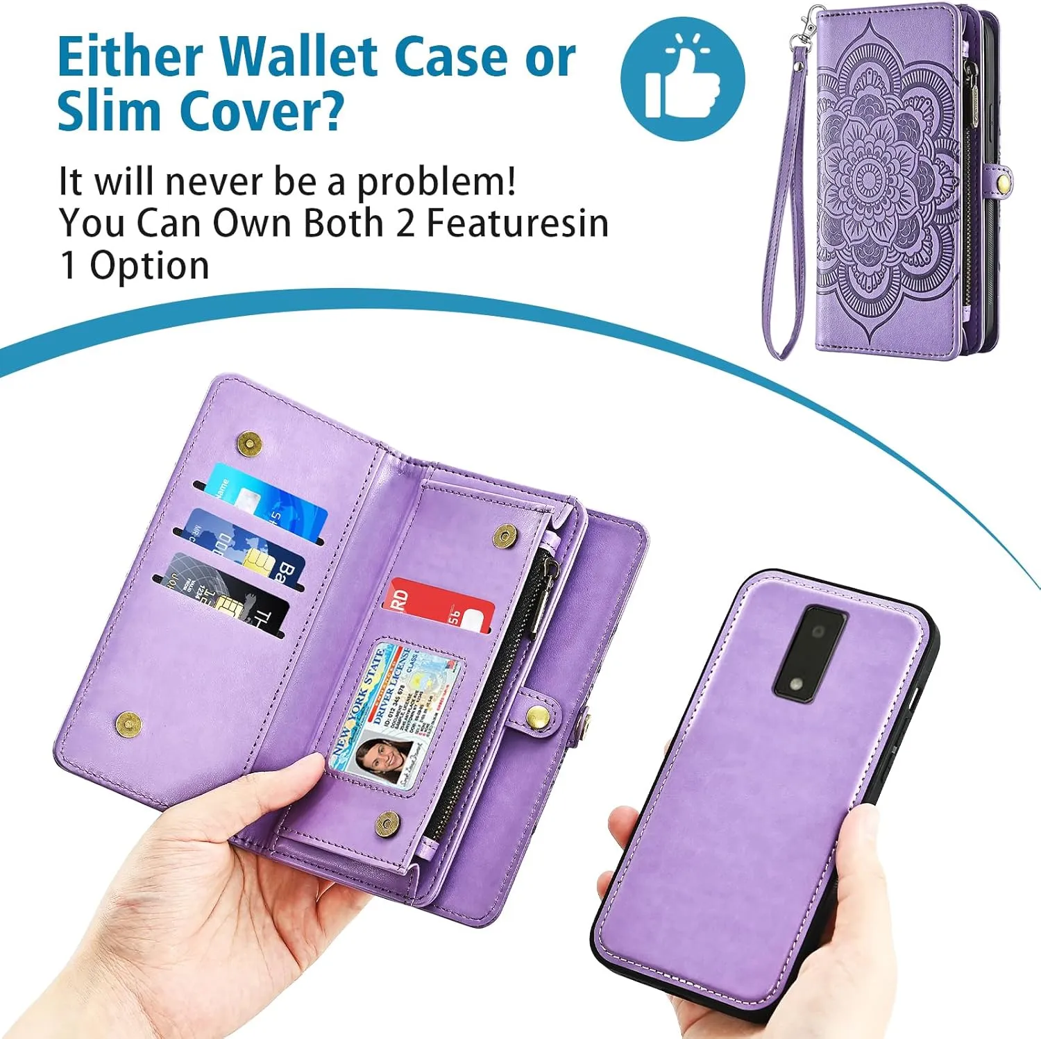 Asuwish Phone Case for Tracfone BLU View 4 B135DL Zipper Wallet Detachable Cell Cover with Tempered Glass Screen Protector Strap Flower Card Holder Slot BLUE View 2 2023 View4 135DL Women Girls Purple