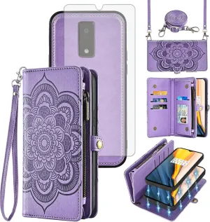 Asuwish Phone Case for Tracfone BLU View 4 B135DL Zipper Wallet Detachable Cell Cover with Tempered Glass Screen Protector Strap Flower Card Holder Slot BLUE View 2 2023 View4 135DL Women Girls Purple