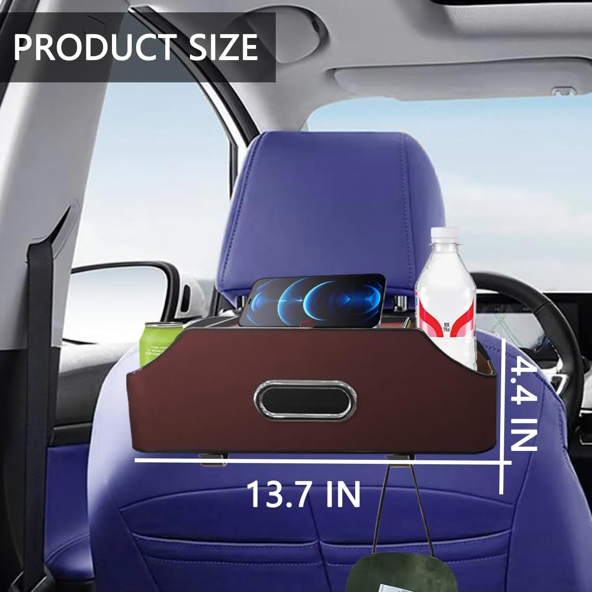 AUCELI Car Seat Back Organizer with Cup Holder and Tissue Box, Headrest Hanging Storage Box with Hooks and Phone Holder, Multi-Function Travel Tray for Kids, Road Trip Car Accessories