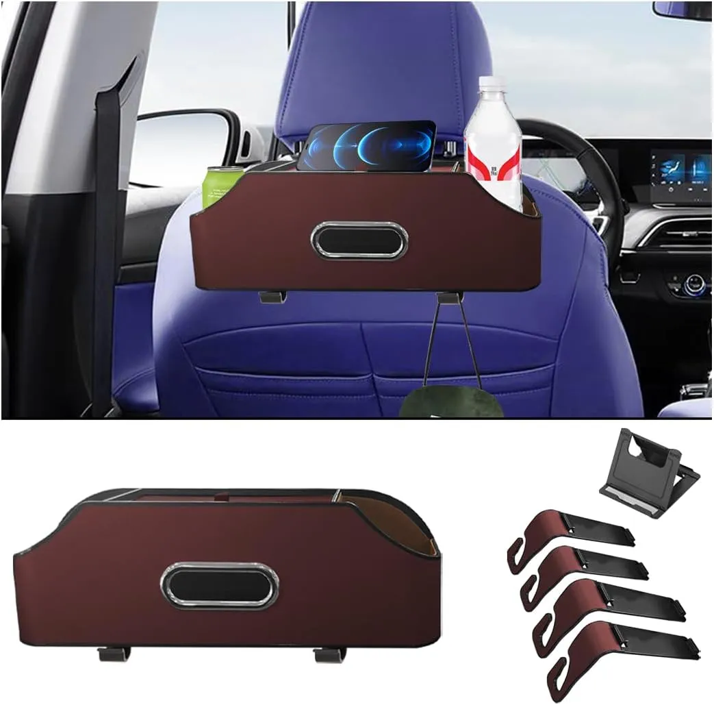 AUCELI Car Seat Back Organizer with Cup Holder and Tissue Box, Headrest Hanging Storage Box with Hooks and Phone Holder, Multi-Function Travel Tray for Kids, Road Trip Car Accessories