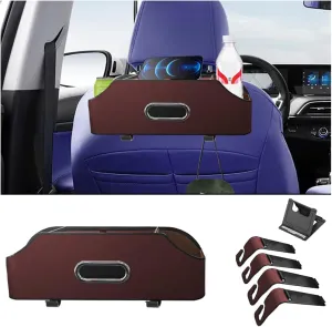 AUCELI Car Seat Back Organizer with Cup Holder and Tissue Box, Headrest Hanging Storage Box with Hooks and Phone Holder, Multi-Function Travel Tray for Kids, Road Trip Car Accessories