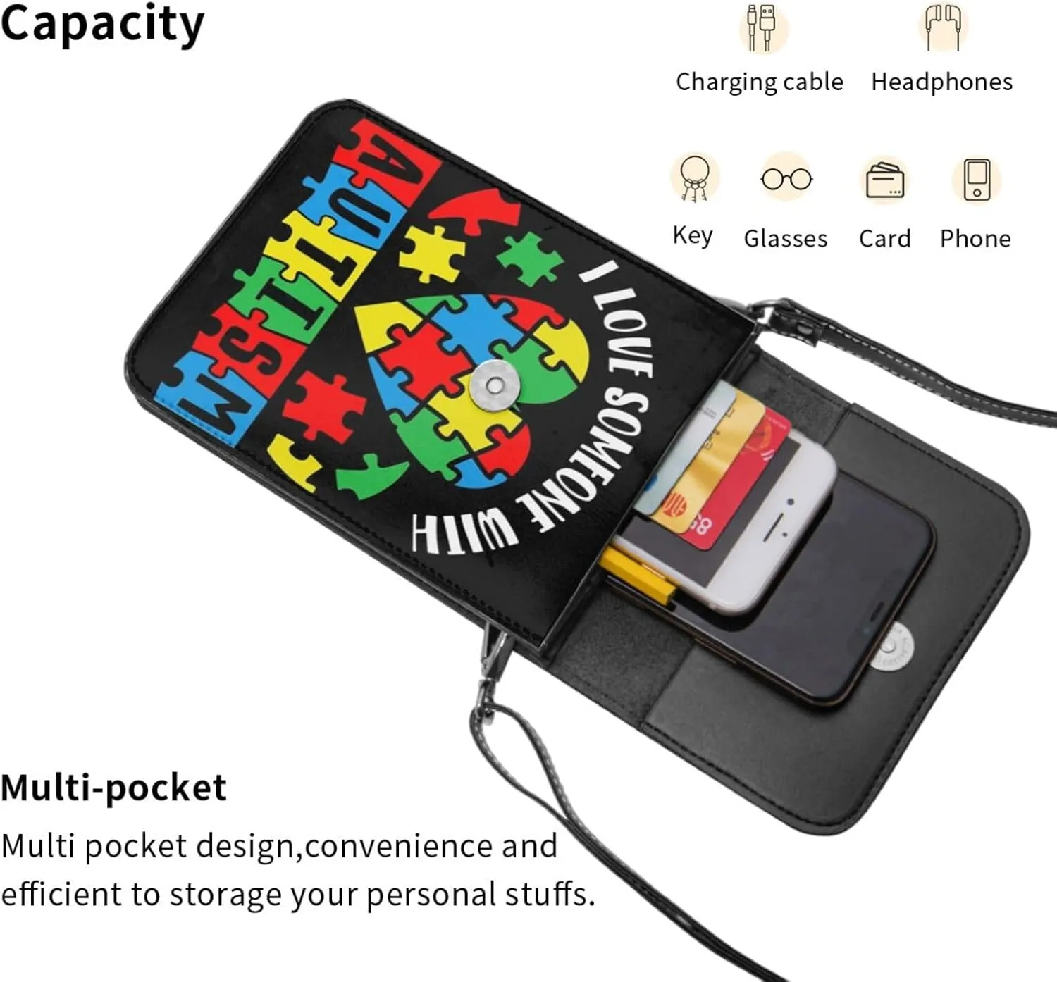 Autism Awareness Leather Crossbody Cell Phone Purse Small Wallet Bags Adjustable Phone Bag for Women