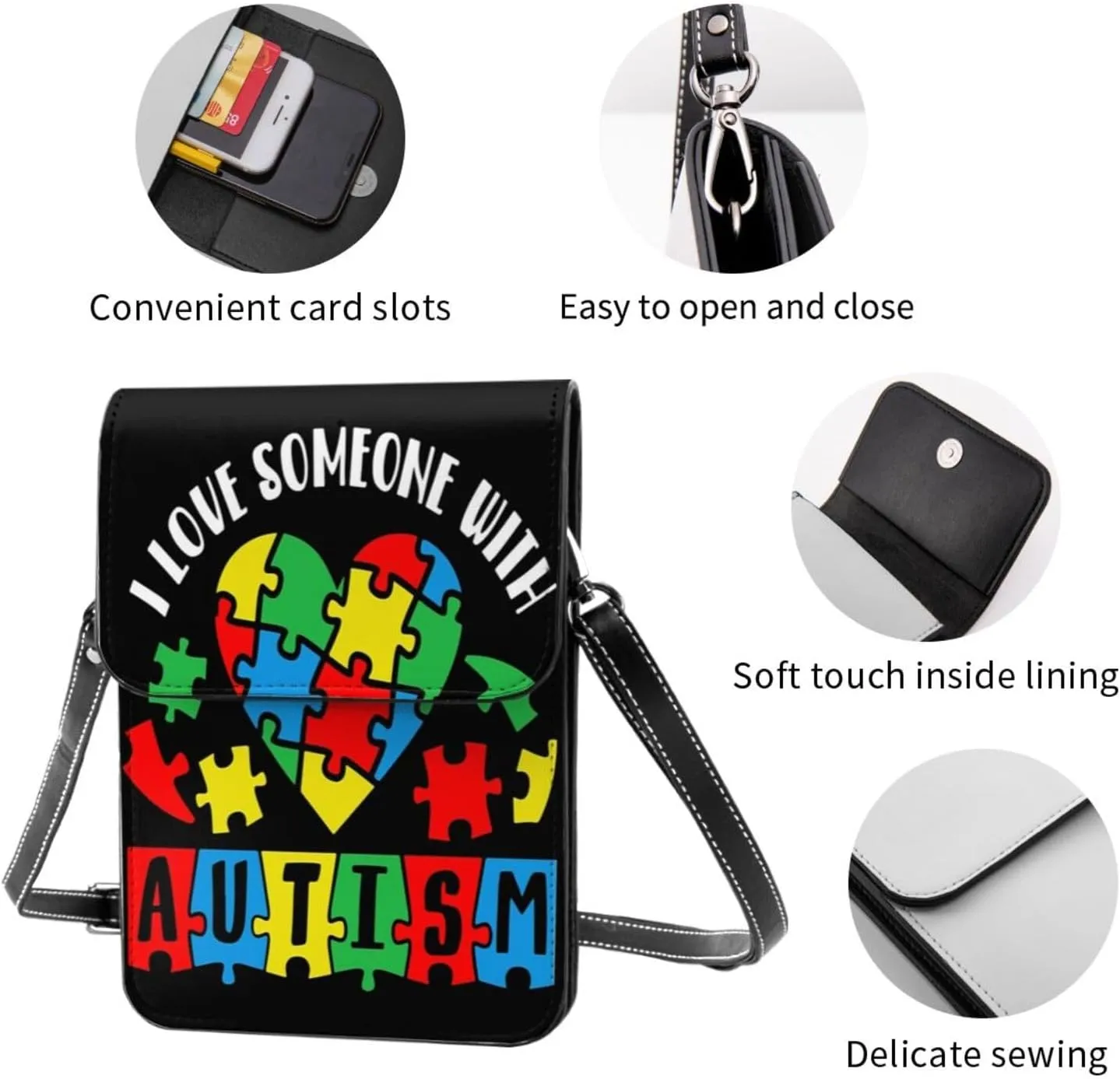 Autism Awareness Leather Crossbody Cell Phone Purse Small Wallet Bags Adjustable Phone Bag for Women