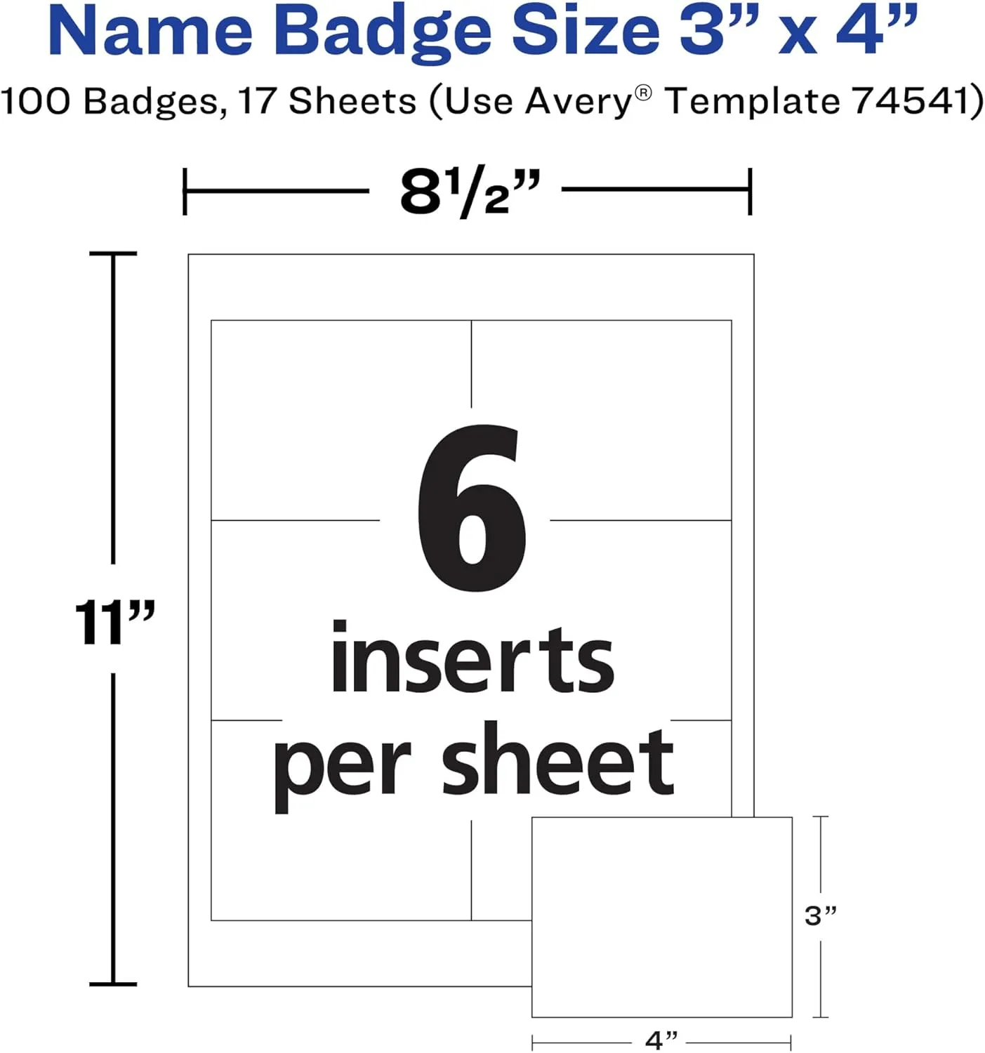 Avery Customizable Name Badges, Clip Style, 3" x 4", Clear Name Tag Holders, White Laser/Inkjet Printable Inserts, 100 Total (74541)