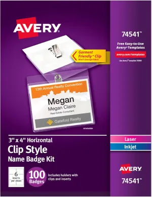 Avery Customizable Name Badges, Clip Style, 3" x 4", Clear Name Tag Holders, White Laser/Inkjet Printable Inserts, 100 Total (74541)