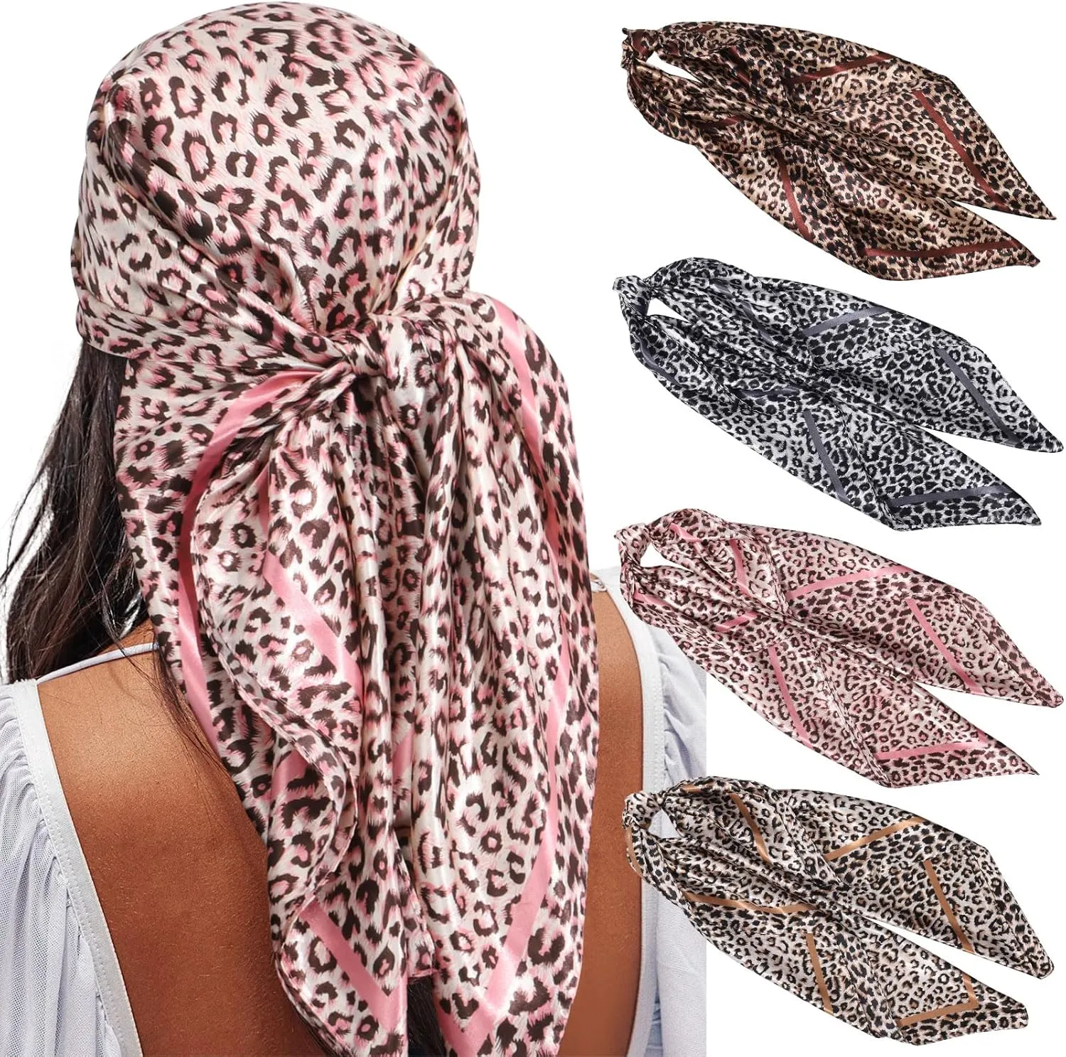 AWAYTR 35” Satin Large Square Head Scarves - 4PCS Silk Like Neck Scarf Hair Sleeping Wraps Satin Silk Scarfs for Women