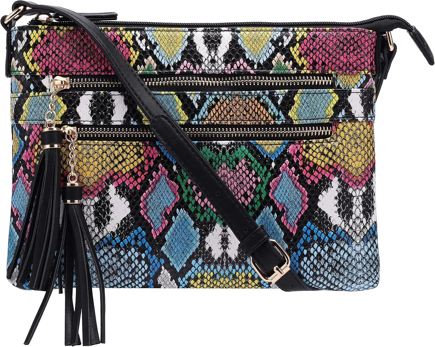 B BRENTANO Vegan Multi-Zipper Crossbody Handbag Purse with Tassel Accents