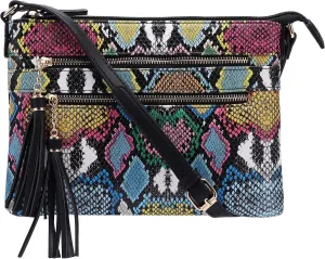 B BRENTANO Vegan Multi-Zipper Crossbody Handbag Purse with Tassel Accents
