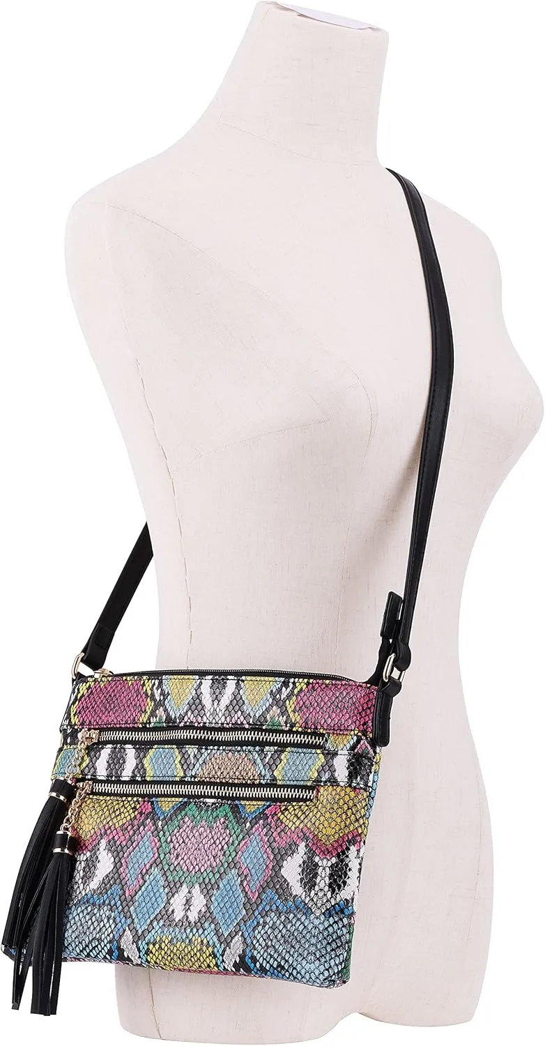 B BRENTANO Vegan Multi-Zipper Crossbody Handbag Purse with Tassel Accents