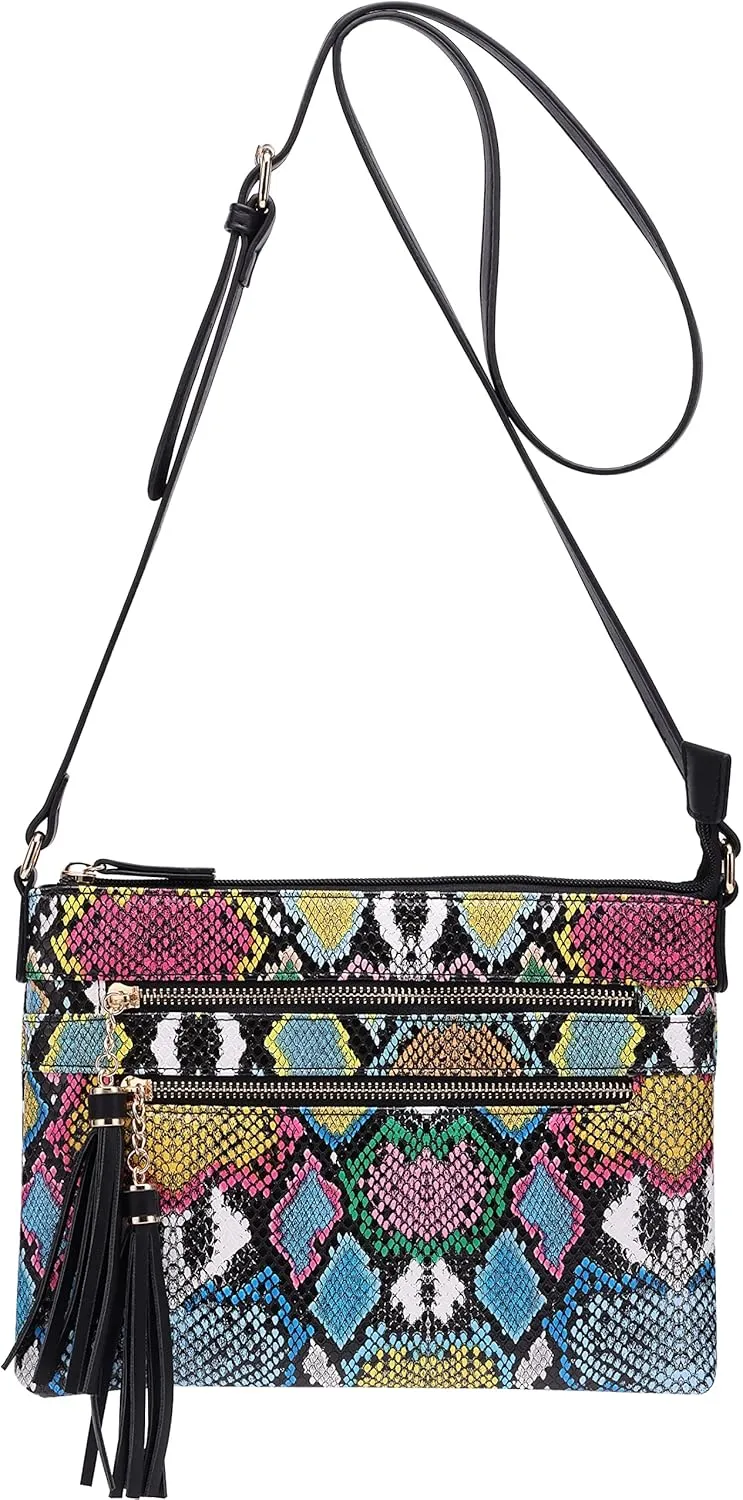 B BRENTANO Vegan Multi-Zipper Crossbody Handbag Purse with Tassel Accents