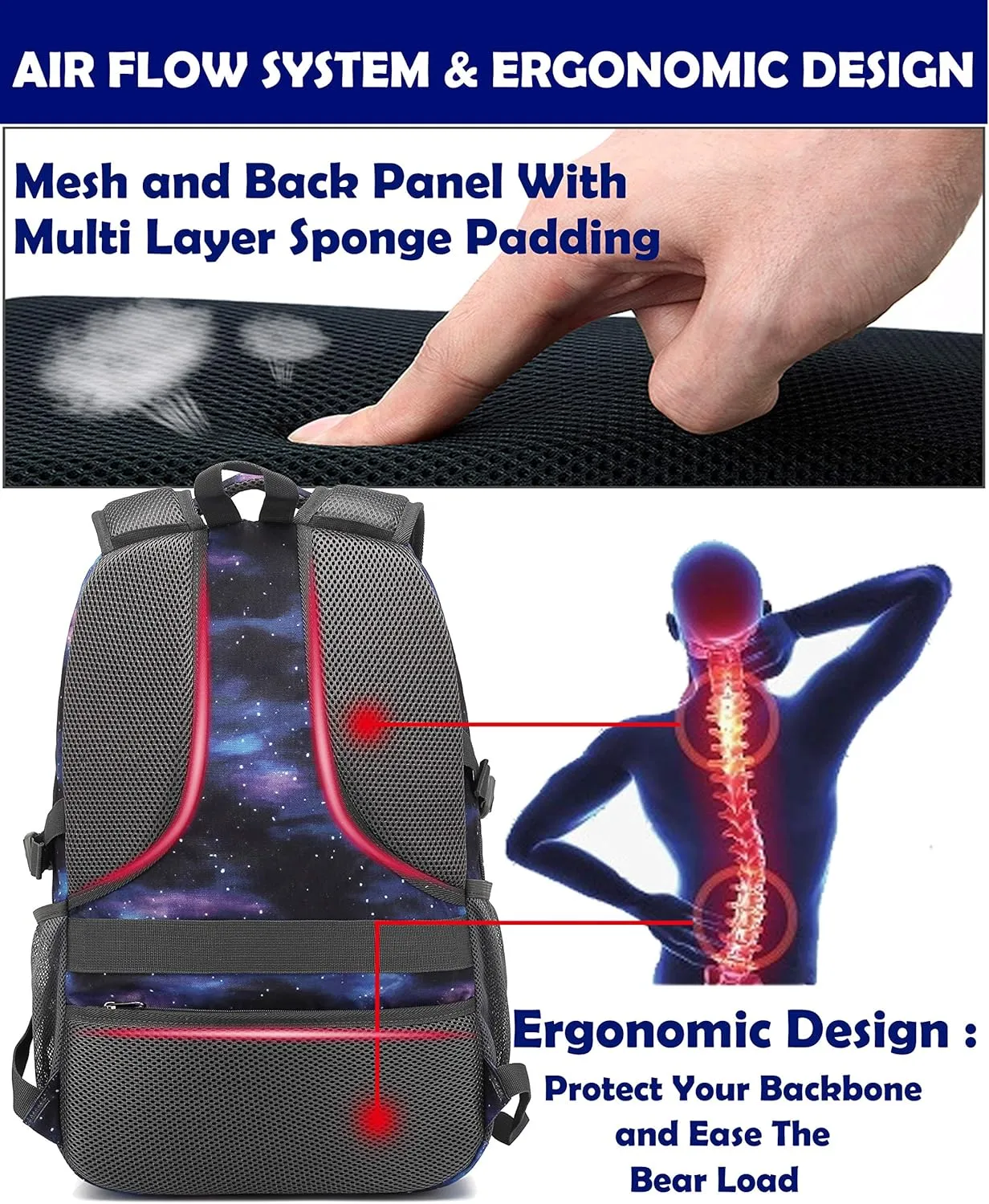 Backpack Bookbag for College Laptop Travel with USB Charging Port (Galaxy C)