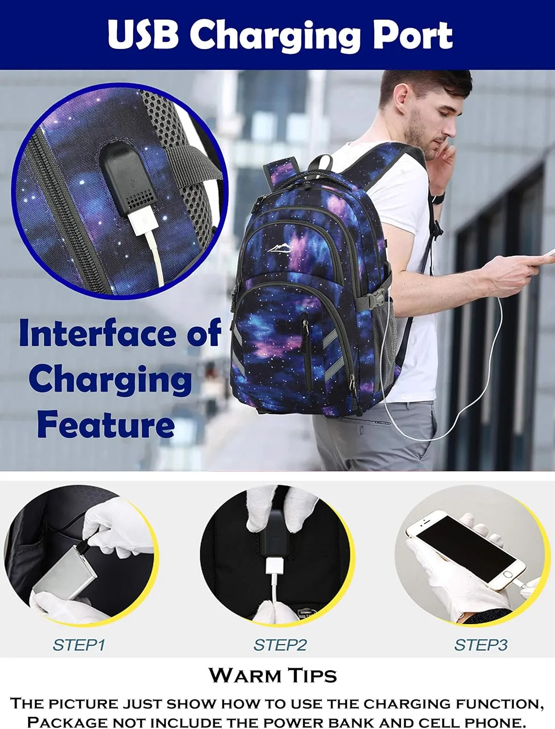 Backpack Bookbag for College Laptop Travel with USB Charging Port (Galaxy C)