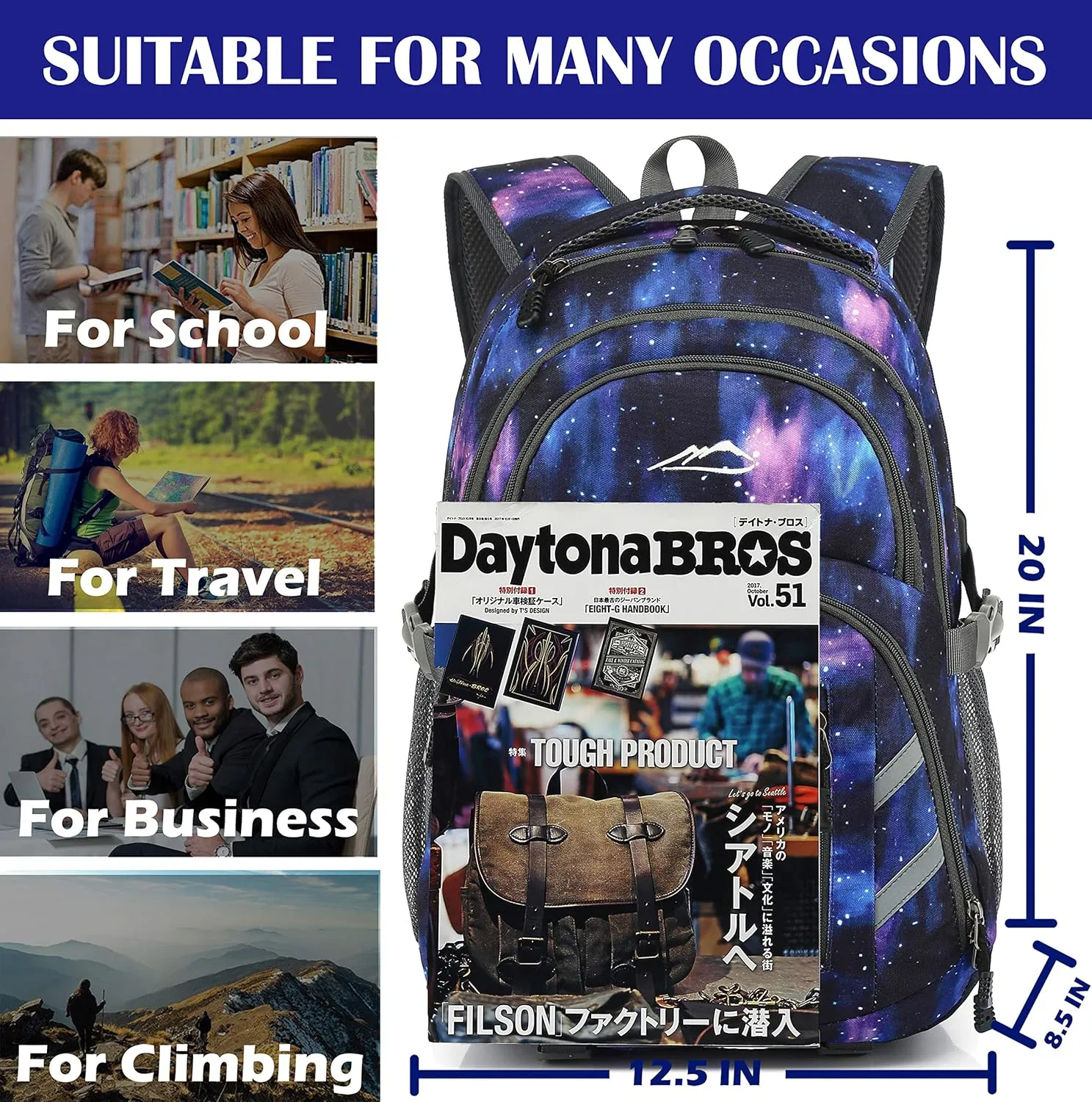 Backpack Bookbag for College Laptop Travel with USB Charging Port (Galaxy C)