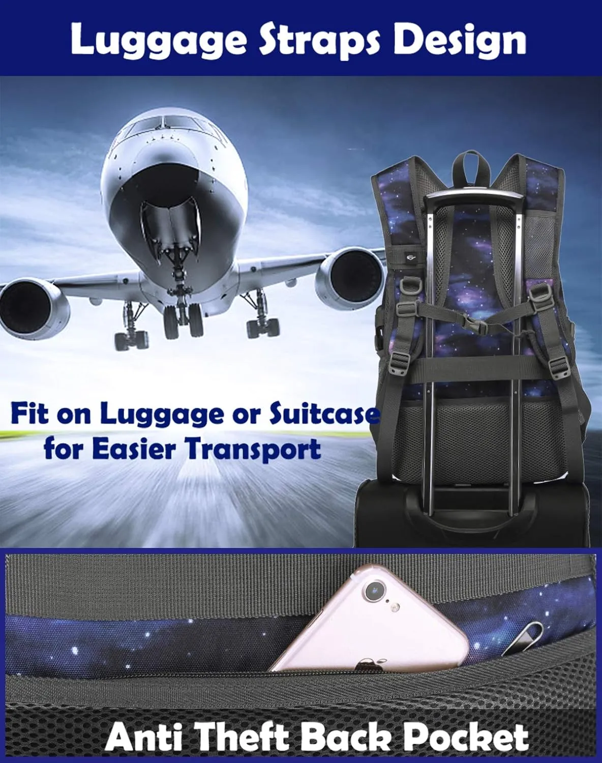 Backpack Bookbag for College Laptop Travel with USB Charging Port (Galaxy C)