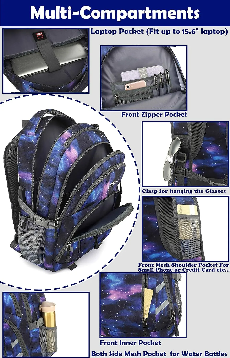 Backpack Bookbag for College Laptop Travel with USB Charging Port (Galaxy C)