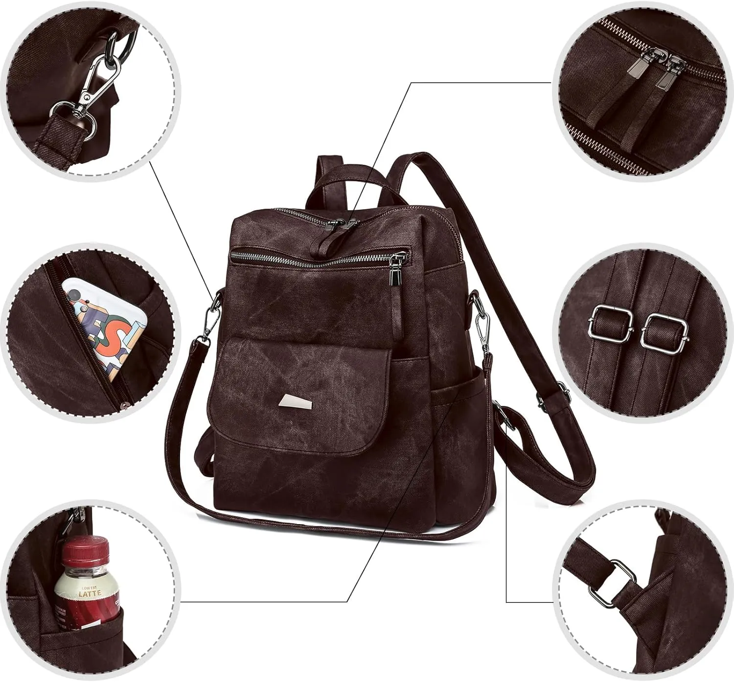 Backpack Purse for Women, PU Leather Back pack Purse, Fashion Anti Theft Backpack, Multipurpose Lightweight Waterproof Purse Shoulder Bag Handbag, Chocolate
