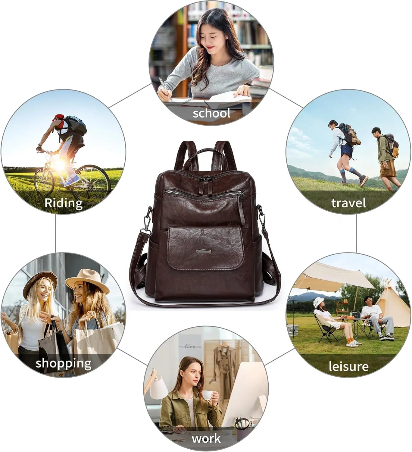 Backpack Purse for Women, PU Leather Back pack Purse, Fashion Anti Theft Backpack, Multipurpose Lightweight Waterproof Purse Shoulder Bag Handbag, Chocolate