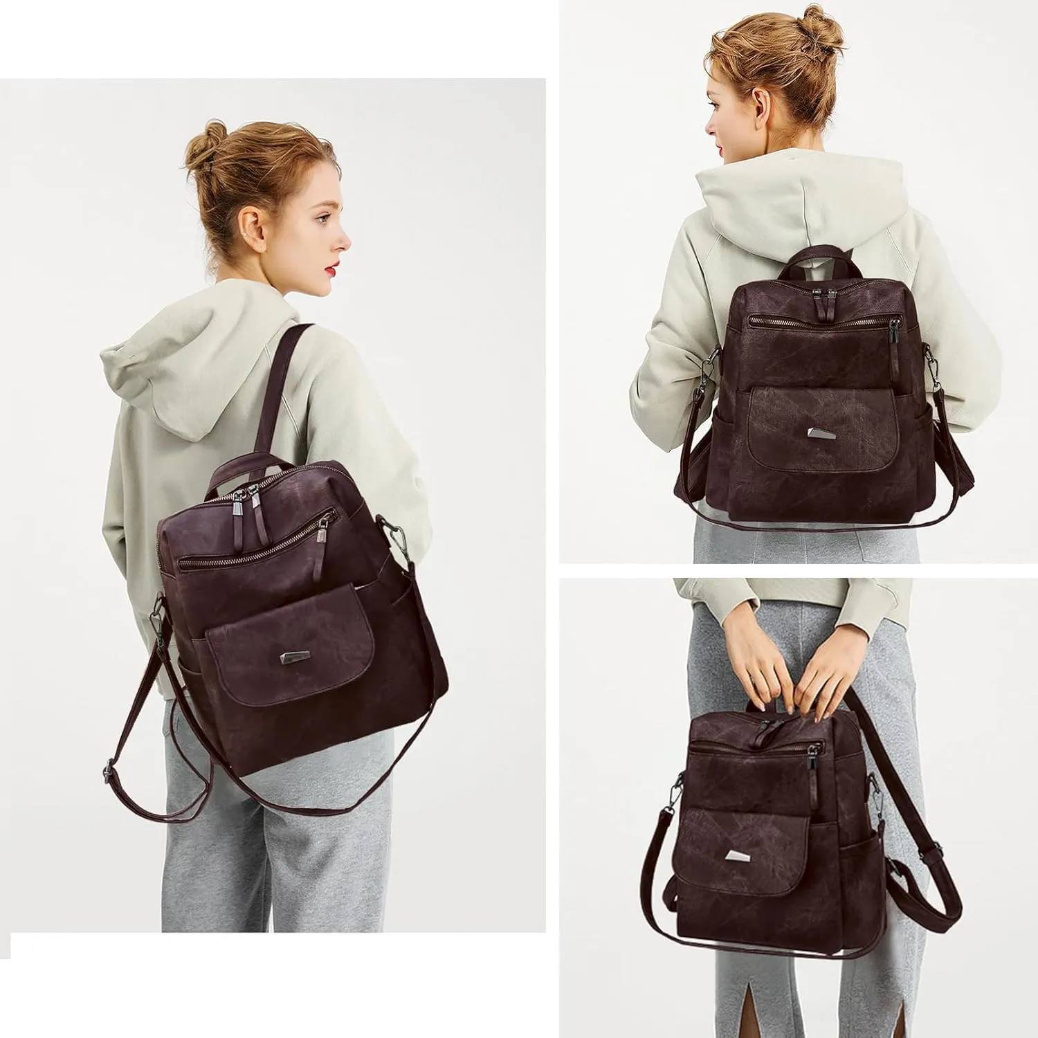 Backpack Purse for Women, PU Leather Back pack Purse, Fashion Anti Theft Backpack, Multipurpose Lightweight Waterproof Purse Shoulder Bag Handbag, Chocolate