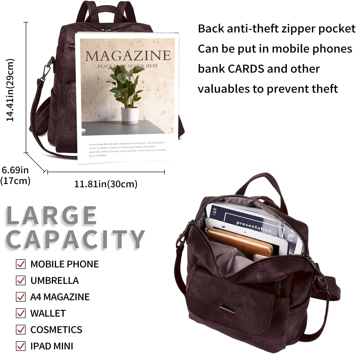 Backpack Purse for Women, PU Leather Back pack Purse, Fashion Anti Theft Backpack, Multipurpose Lightweight Waterproof Purse Shoulder Bag Handbag, Chocolate