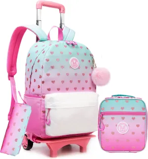 Backpack with Wheels for Girls 8-12 Rolling Backpack for Girls with Lunch Bag Laptop Travel Backpack for School Girls Teen Trolley School Bags for Elementary High School Student, Green 01