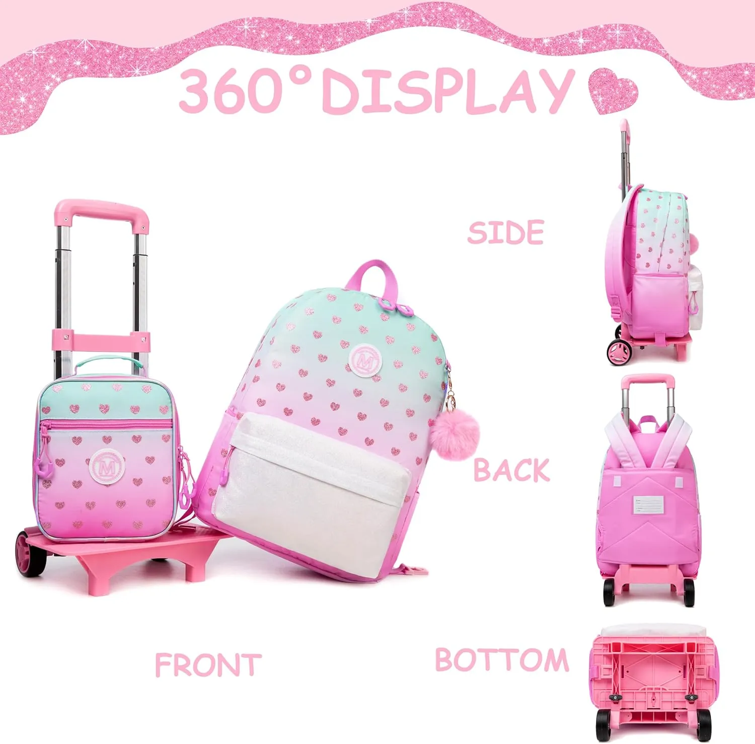 Backpack with Wheels for Girls 8-12 Rolling Backpack for Girls with Lunch Bag Laptop Travel Backpack for School Girls Teen Trolley School Bags for Elementary High School Student, Green 01