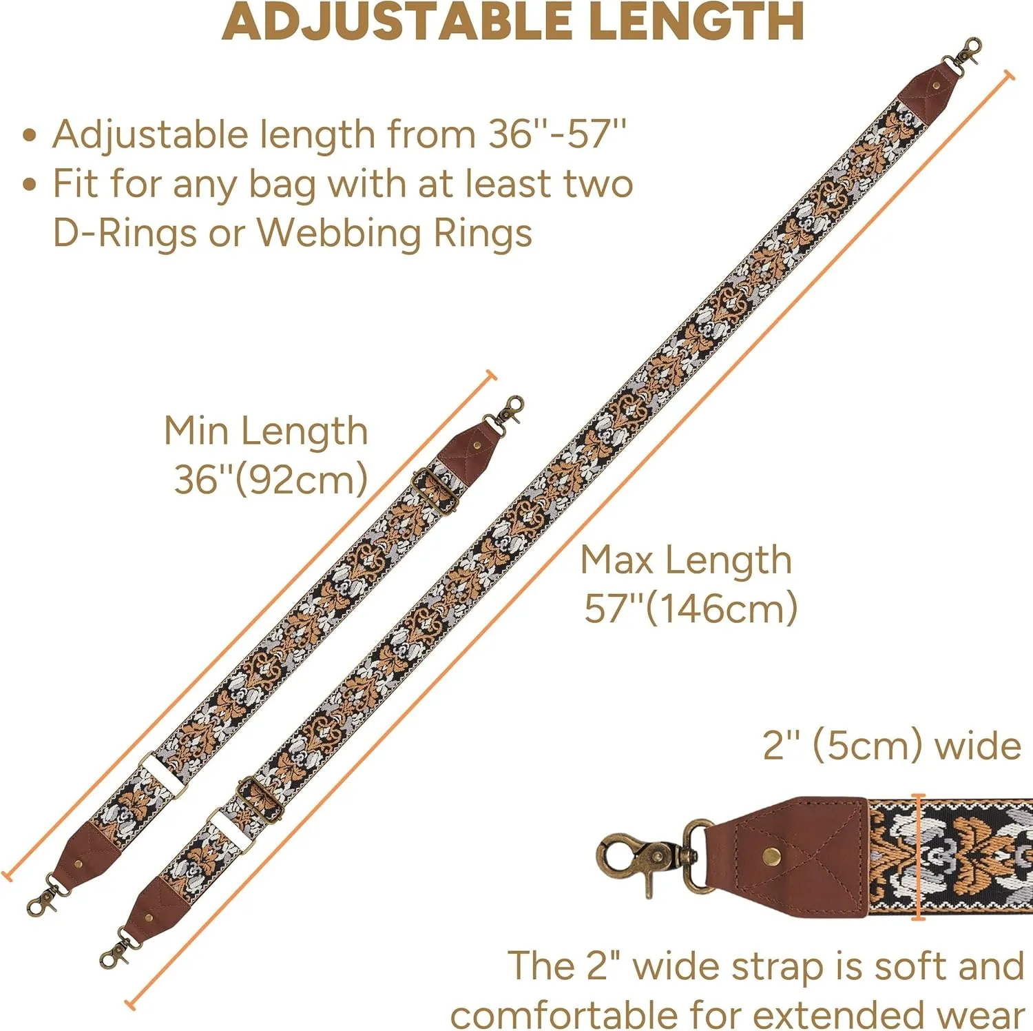 BAKKO Crossbody Strap Full Grain Leather Ends Brass Metal Hardware 2" Wide Replacement Shoulder Strap
