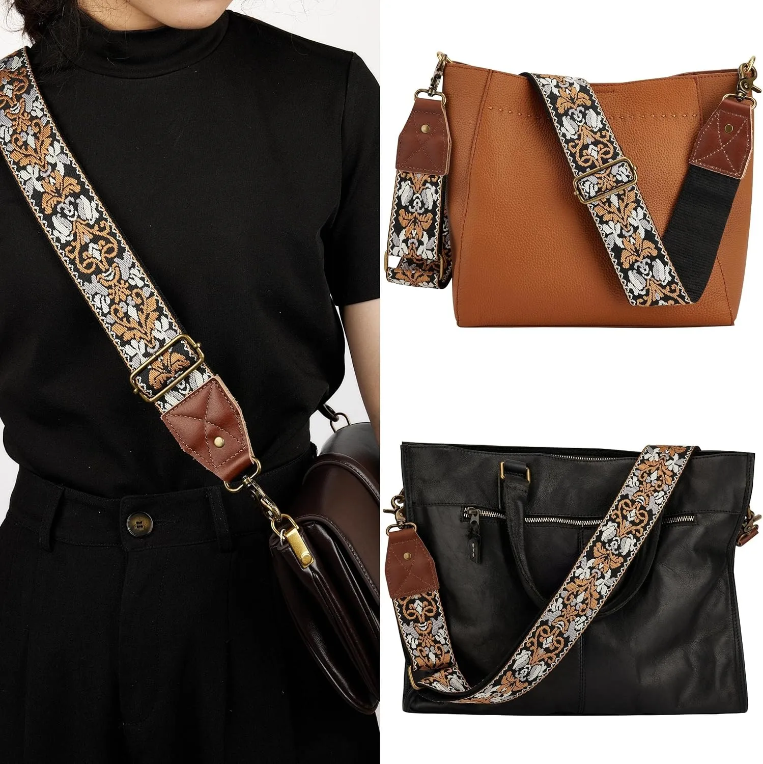 BAKKO Crossbody Strap Full Grain Leather Ends Brass Metal Hardware 2" Wide Replacement Shoulder Strap