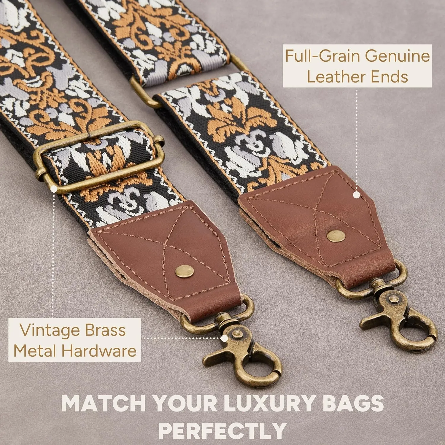 BAKKO Crossbody Strap Full Grain Leather Ends Brass Metal Hardware 2" Wide Replacement Shoulder Strap