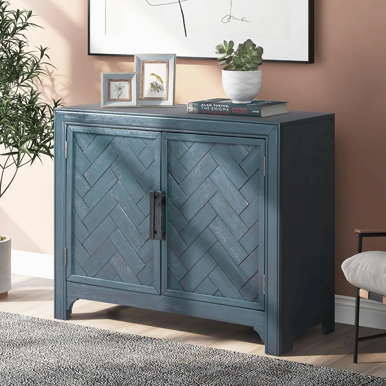 Ball & Cast 40" Farmhouse 2-Doors Storage Sideboard Buffet Cabinet w/Adjustable Shelves & Pattern Door, Wood Decorative Coffee Accent Cabinet Console Table for Entryway Kitchen Dining, Antique Blue