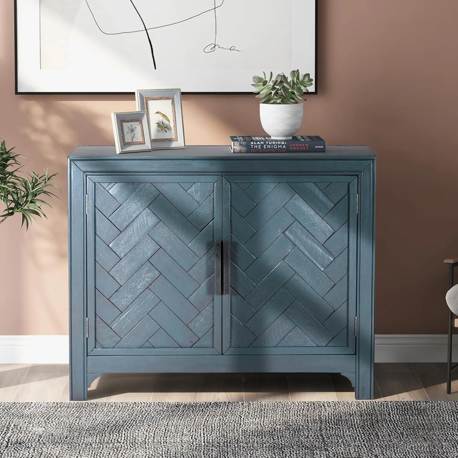 Ball & Cast 40" Farmhouse 2-Doors Storage Sideboard Buffet Cabinet w/Adjustable Shelves & Pattern Door, Wood Decorative Coffee Accent Cabinet Console Table for Entryway Kitchen Dining, Antique Blue