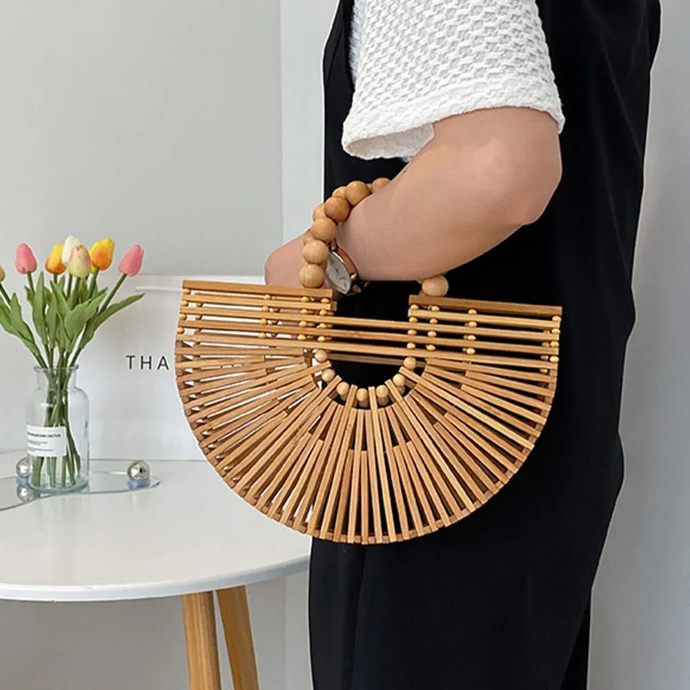 Bamboo Bags for Women with Wooden Beads Pearl Handles Women's Tote Handbag Handmade Bamboo Women Handbag Vacation