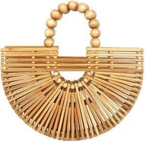 Bamboo Bags for Women with Wooden Beads Pearl Handles Women's Tote Handbag Handmade Bamboo Women Handbag Vacation