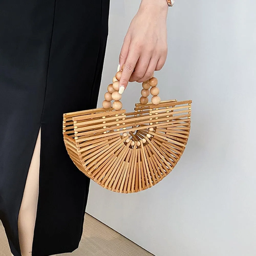 Bamboo Bags for Women with Wooden Beads Pearl Handles Women's Tote Handbag Handmade Bamboo Women Handbag Vacation