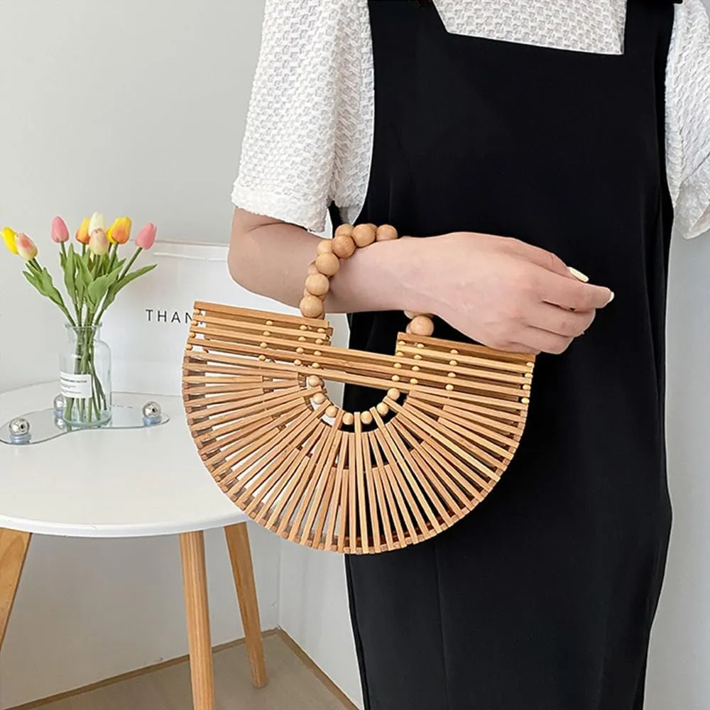 Bamboo Bags for Women with Wooden Beads Pearl Handles Women's Tote Handbag Handmade Bamboo Women Handbag Vacation