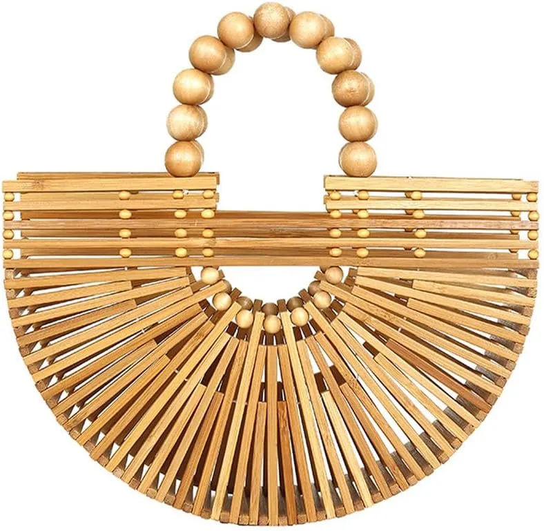 Bamboo Bags for Women with Wooden Beads Pearl Handles Women's Tote Handbag Handmade Bamboo Women Handbag Vacation