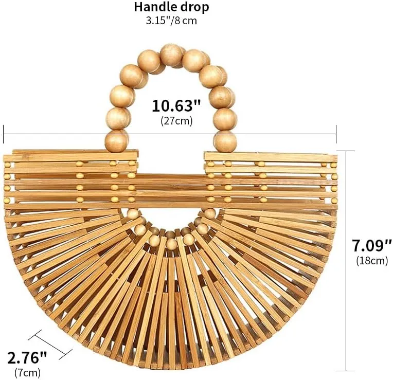 Bamboo Bags for Women with Wooden Beads Pearl Handles Women's Tote Handbag Handmade Bamboo Women Handbag Vacation