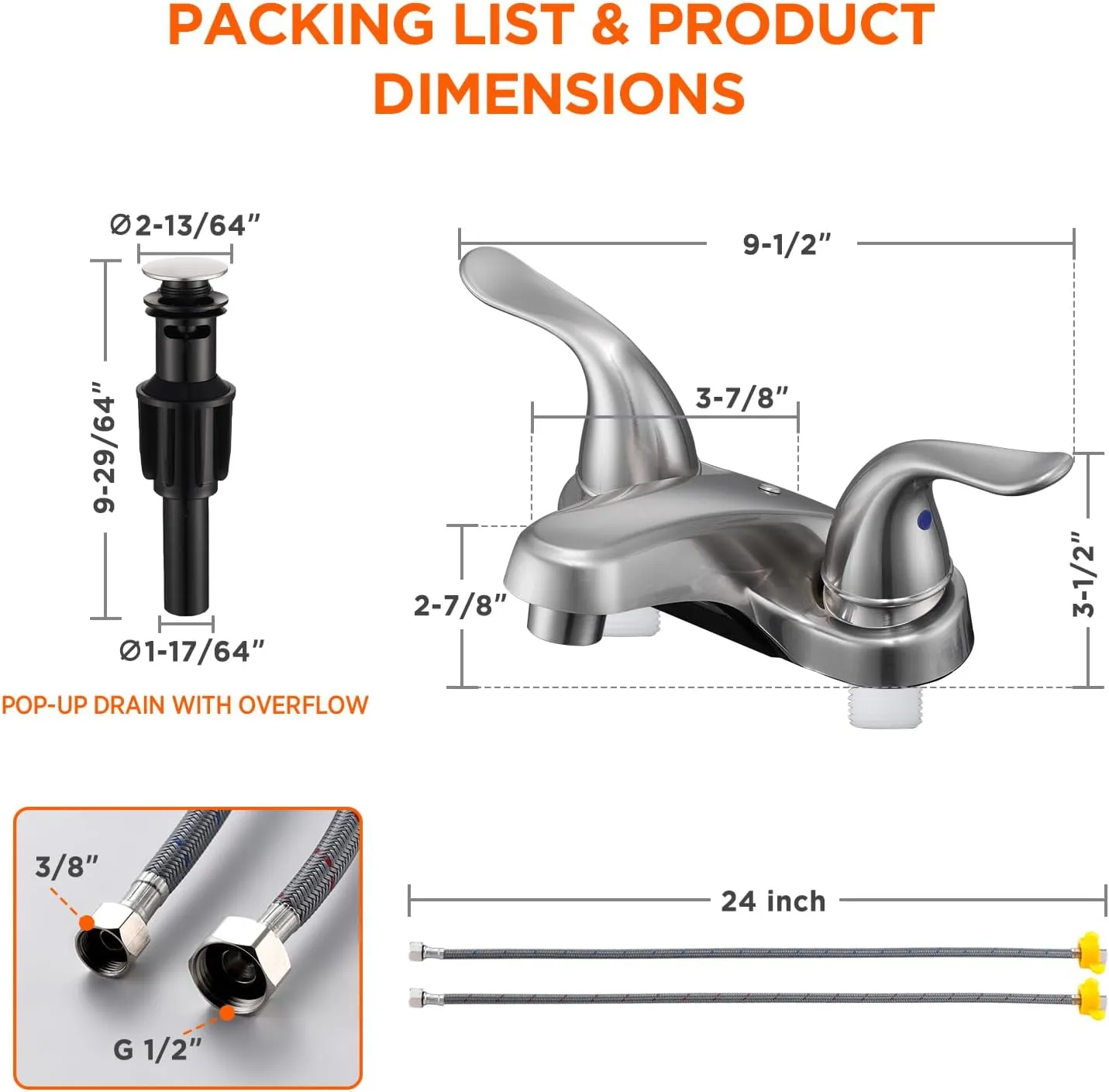 Bathroom Sink Faucets 2/3 Hole,Brushed Nickel Dual Handles 4 inch Plastic Plating Over Bathroom Faucet with Pop-up Drain and 2 Supply Hoses for Apartment Rvs Sink Vanity