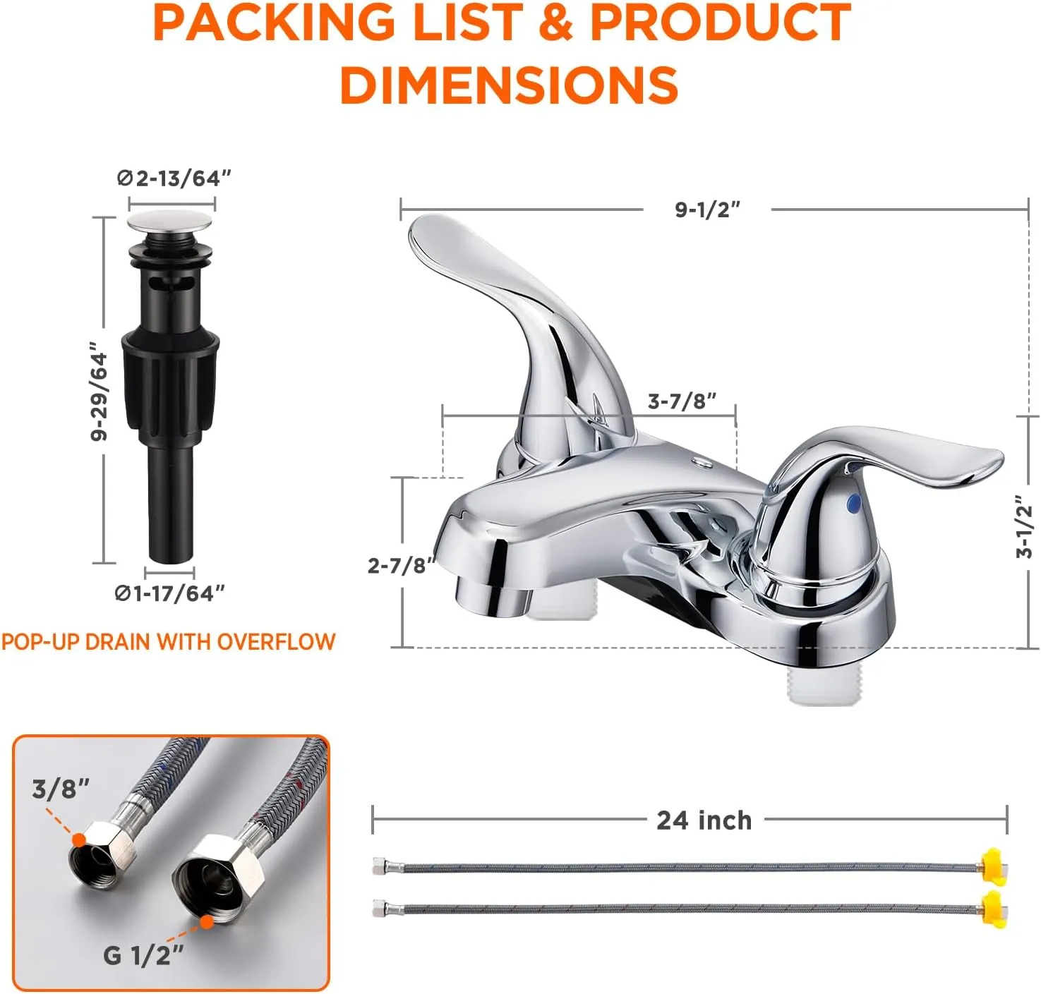 Bathroom Sink Faucets 2/3 Hole,Chrome Plating Dual Handles 4 inch Plastic Plating Over Bathroom Faucet with Pop-up Drain and 2 Supply Hoses for Apartment Rvs Sink Vanity