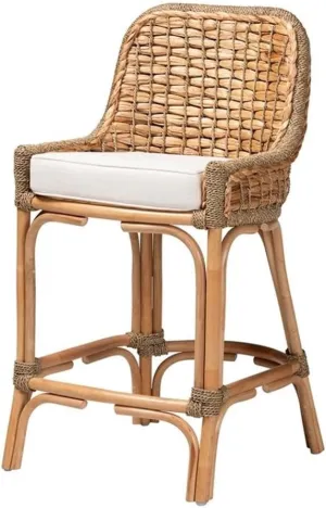 Baxton Studio Kyle Modern Bohemian Natural Brown Woven Rattan Counter Stool with Cushion