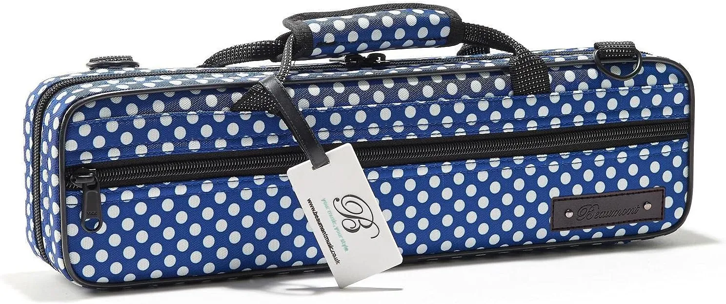 Beaumont Blue Polka Dot Flute Case - Lightweight Canvas C Case With Shoulder Strap for Yamaha, Jupiter, Trevor James Flute