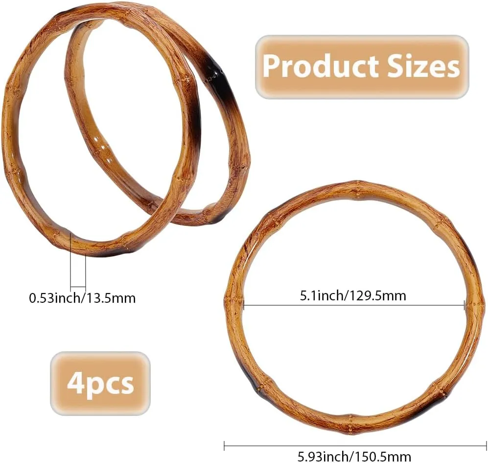 Beebeecraft 4Pcs Bamboo Purse Handle 5.93in Round Rings Bag Handle Replacement for Handcrafted Handbag