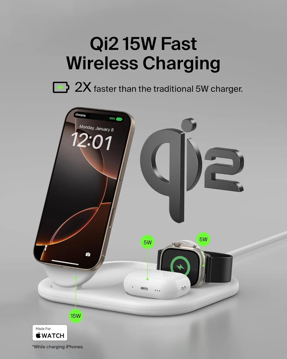Belkin 3-in-1 MagSafe-Compatible iPhone Charger 15W, Foldable Magnetic Qi2-Certified Wireless Charging Station for iPhone 16, Apple Watch Series 10, AirPods 4, and More, w/Non-Slip Base & PSU - White