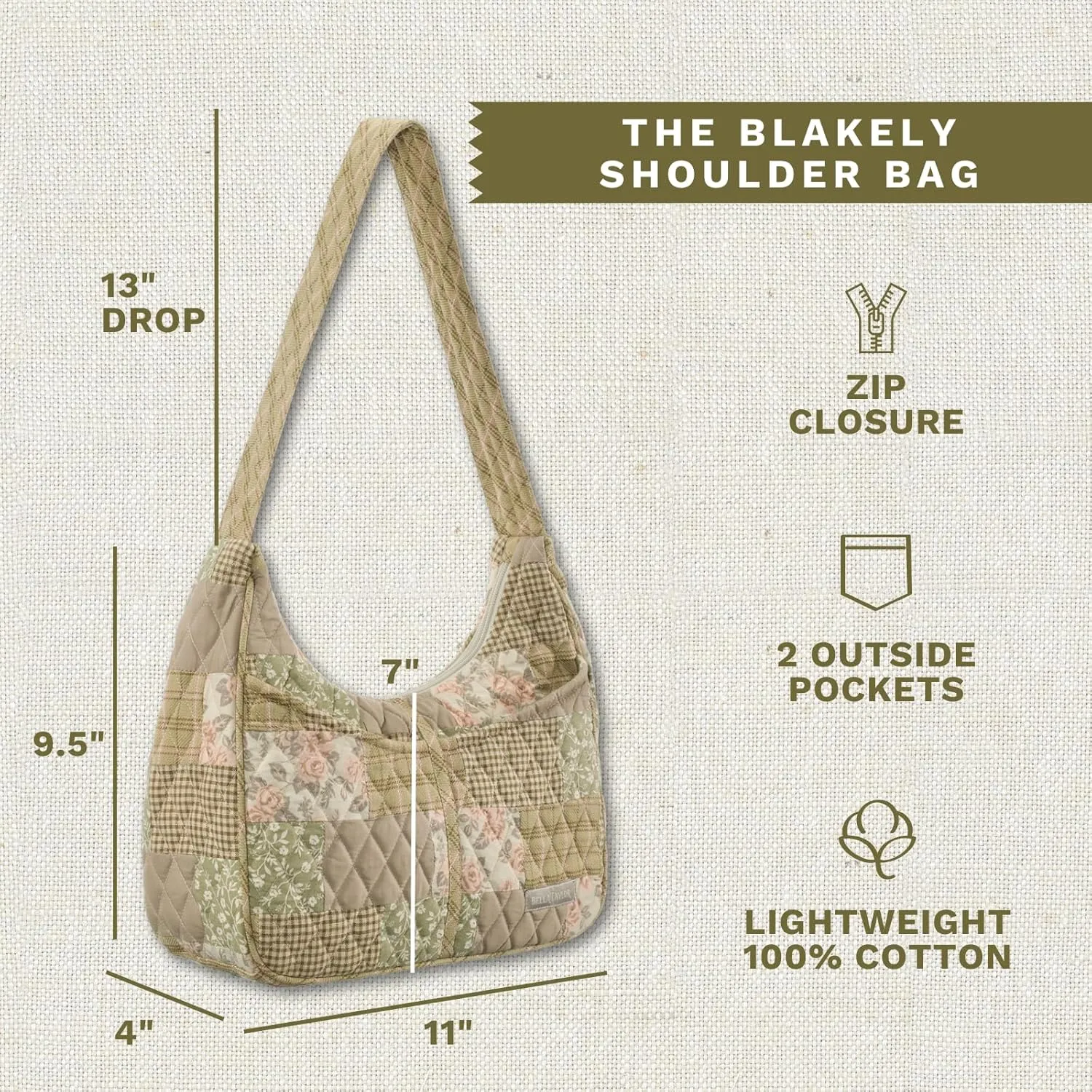 Bella Taylor Blakely - Hobo Shoulder Bag for Women - Lightweight Quilted Fabric Purse with Pockets