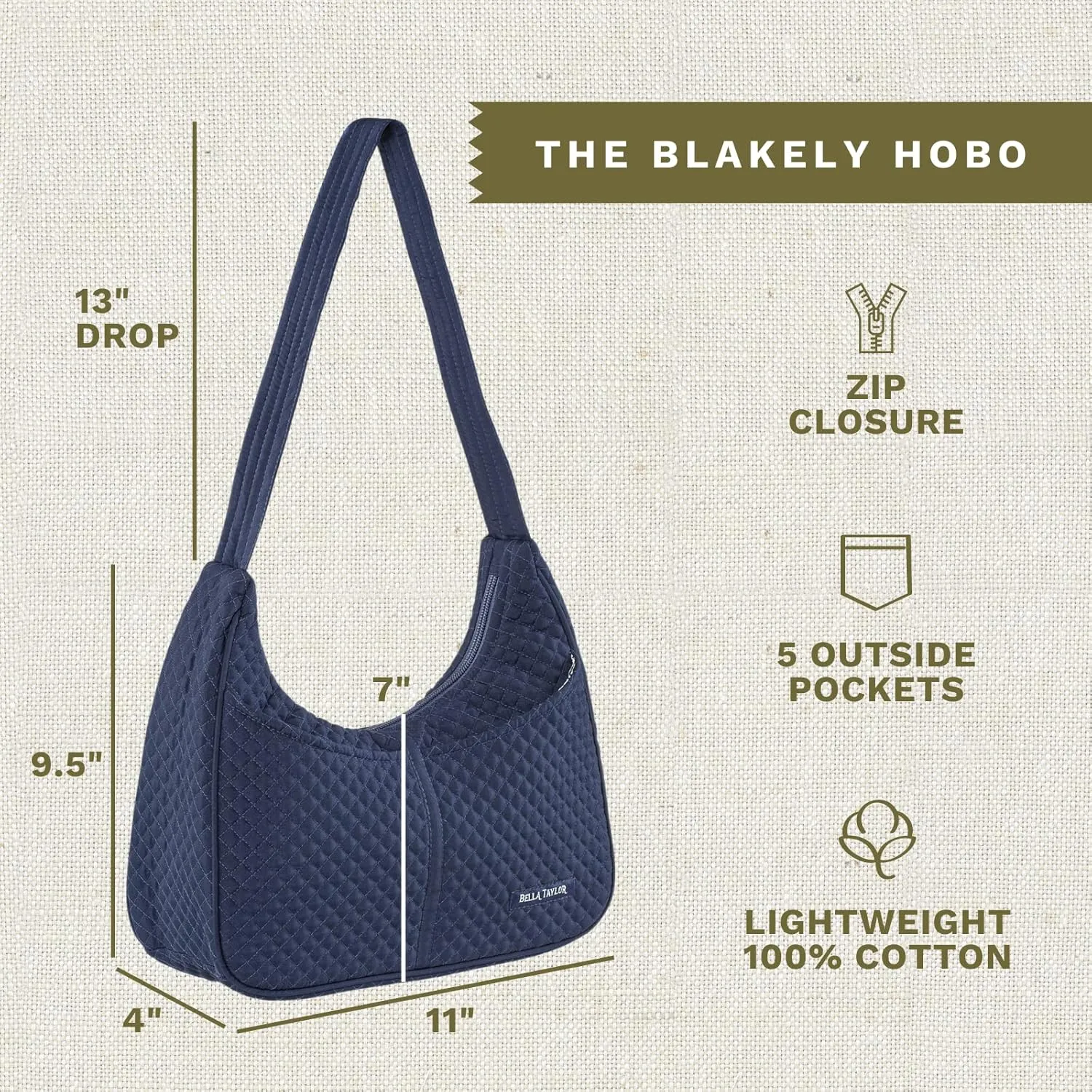 Bella Taylor Blakely - Hobo Shoulder Bag for Women - Lightweight Quilted Fabric Purse with Pockets